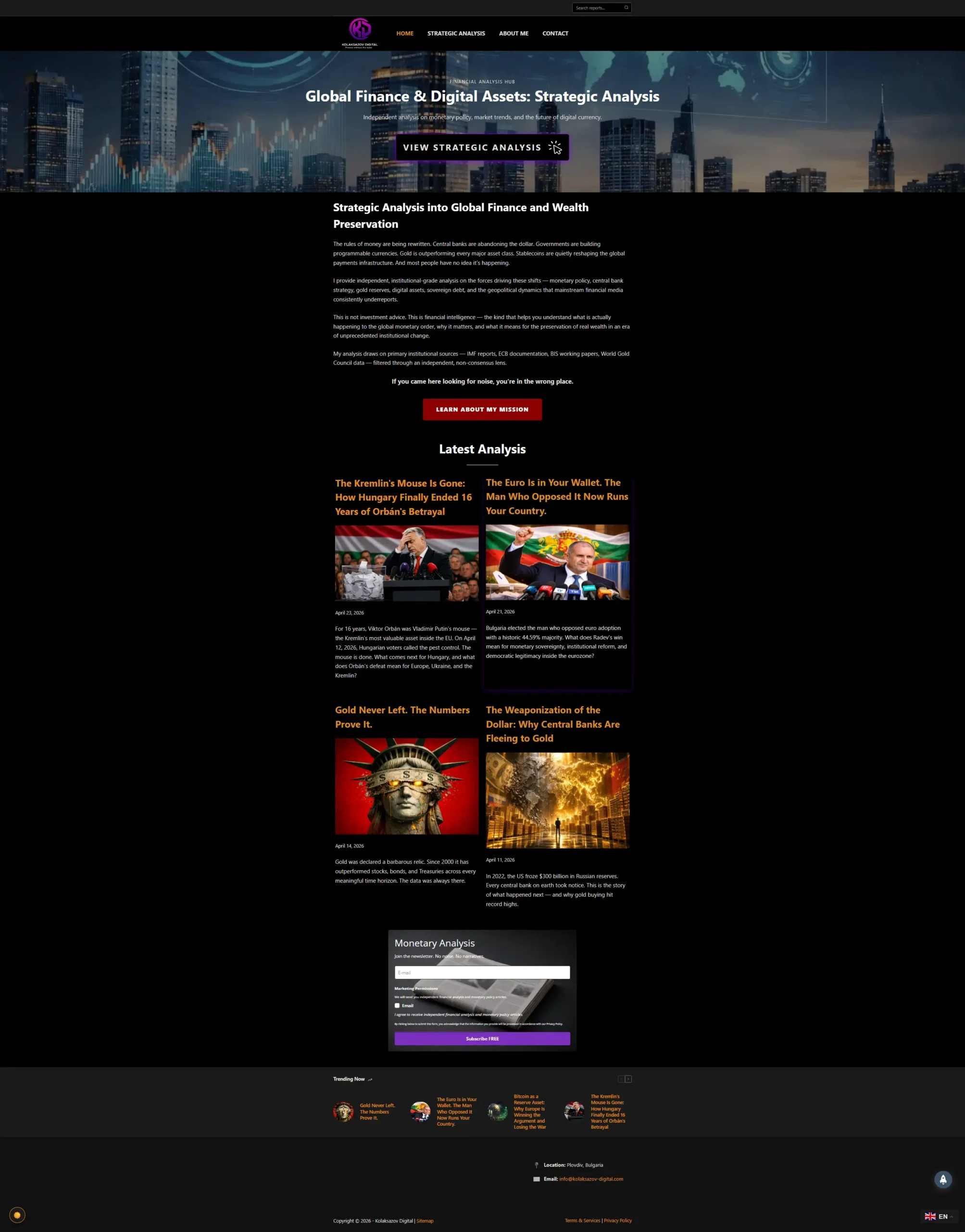 Kolaksazov Digital Financial Hub - homepage dark mode with global finance strategic analysis