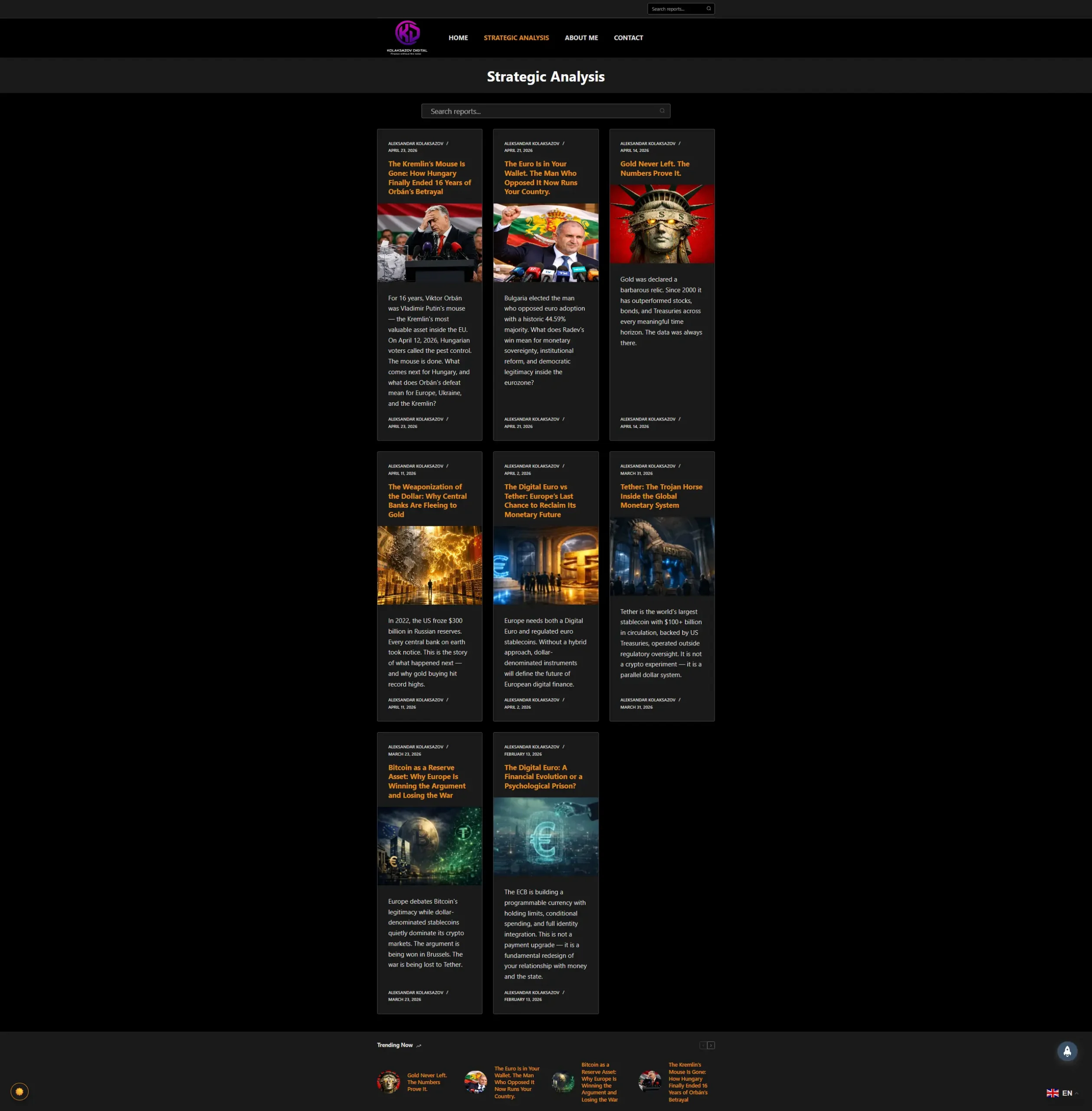 Kolaksazov Digital - Strategic Analysis library page with article grid dark mode