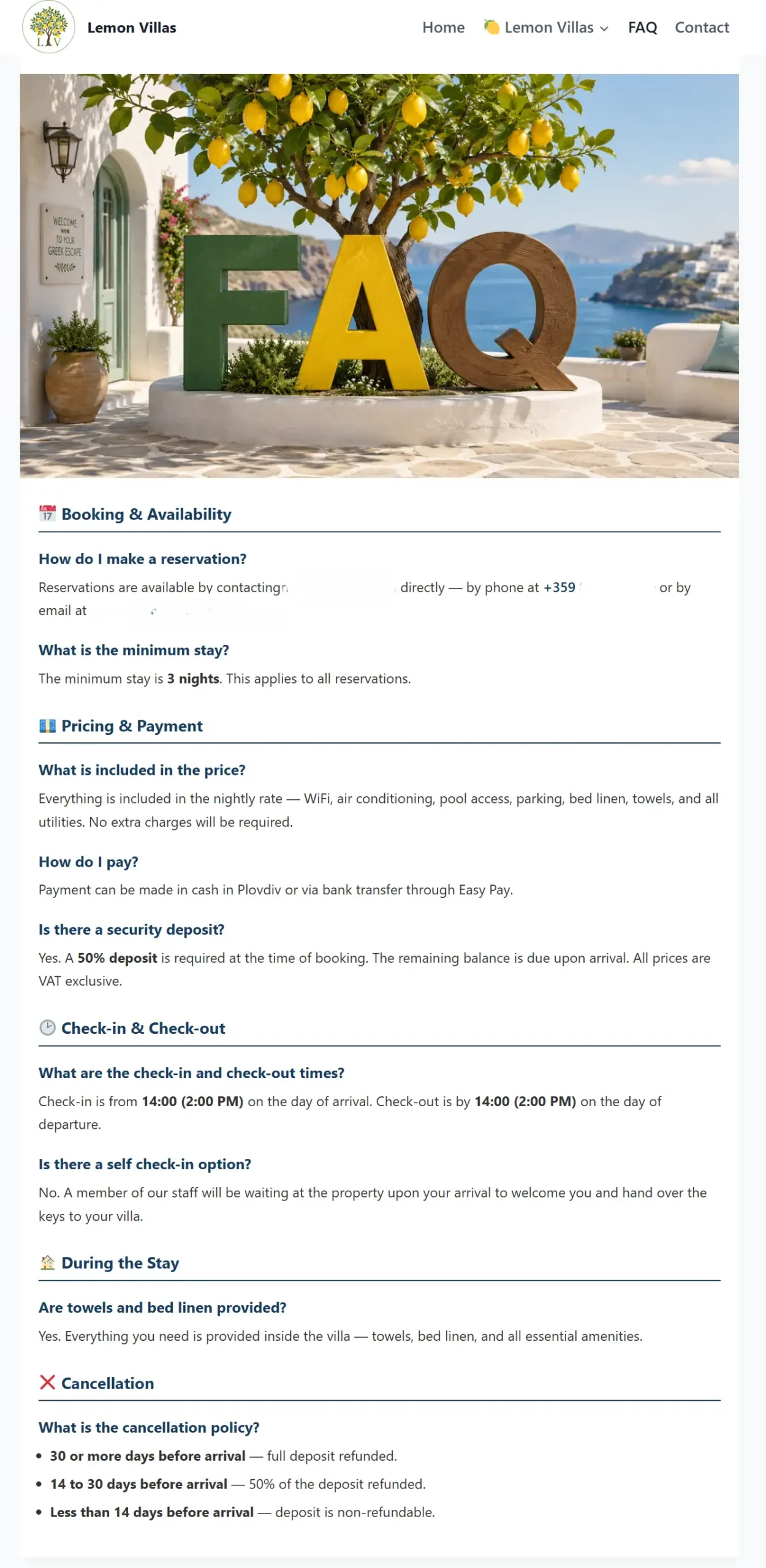 Lemon Villas FAQ page - booking policies, pricing and cancellation information