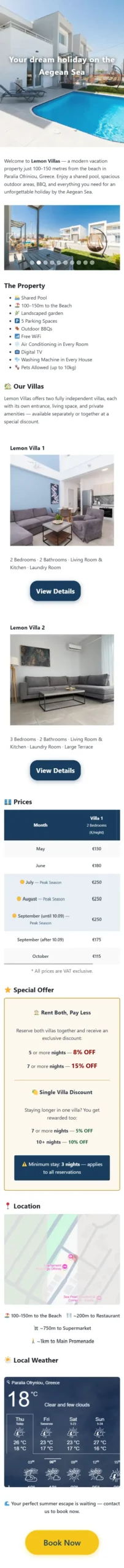 Lemon Villas homepage on mobile - responsive vacation rental website