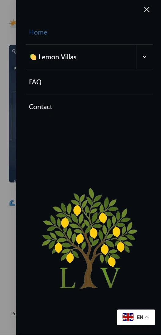 Lemon Villas mobile navigation menu - responsive WordPress website