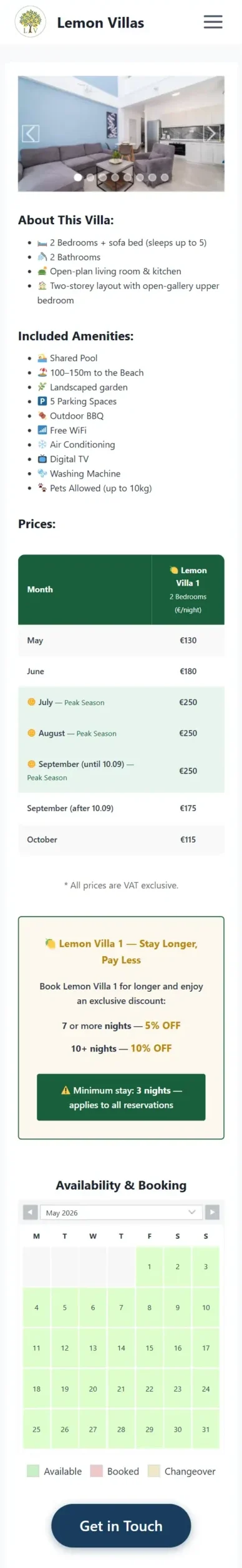 Lemon Villa 1 mobile page - responsive booking and pricing layout