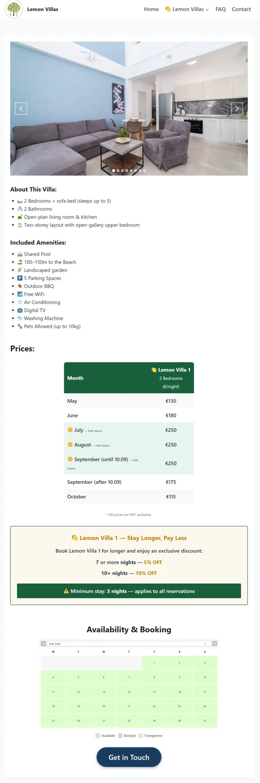 Lemon Villa 1 page - 2 bedroom vacation rental with booking calendar and pricing table