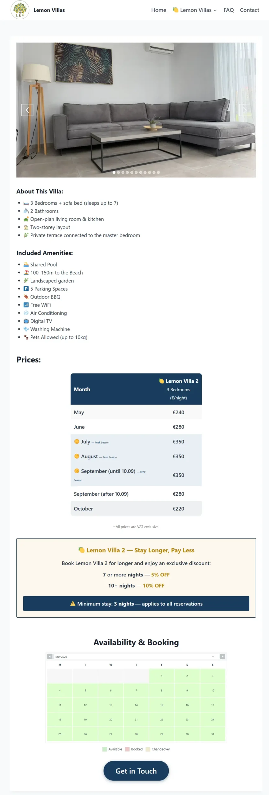 Lemon Villa 2 page - 3 bedroom vacation rental with booking calendar and pricing table
